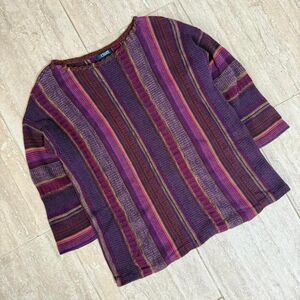 Vintage Chaps Purple Red Chunky 3D Knit boho Striped retro Sweater Size L retro